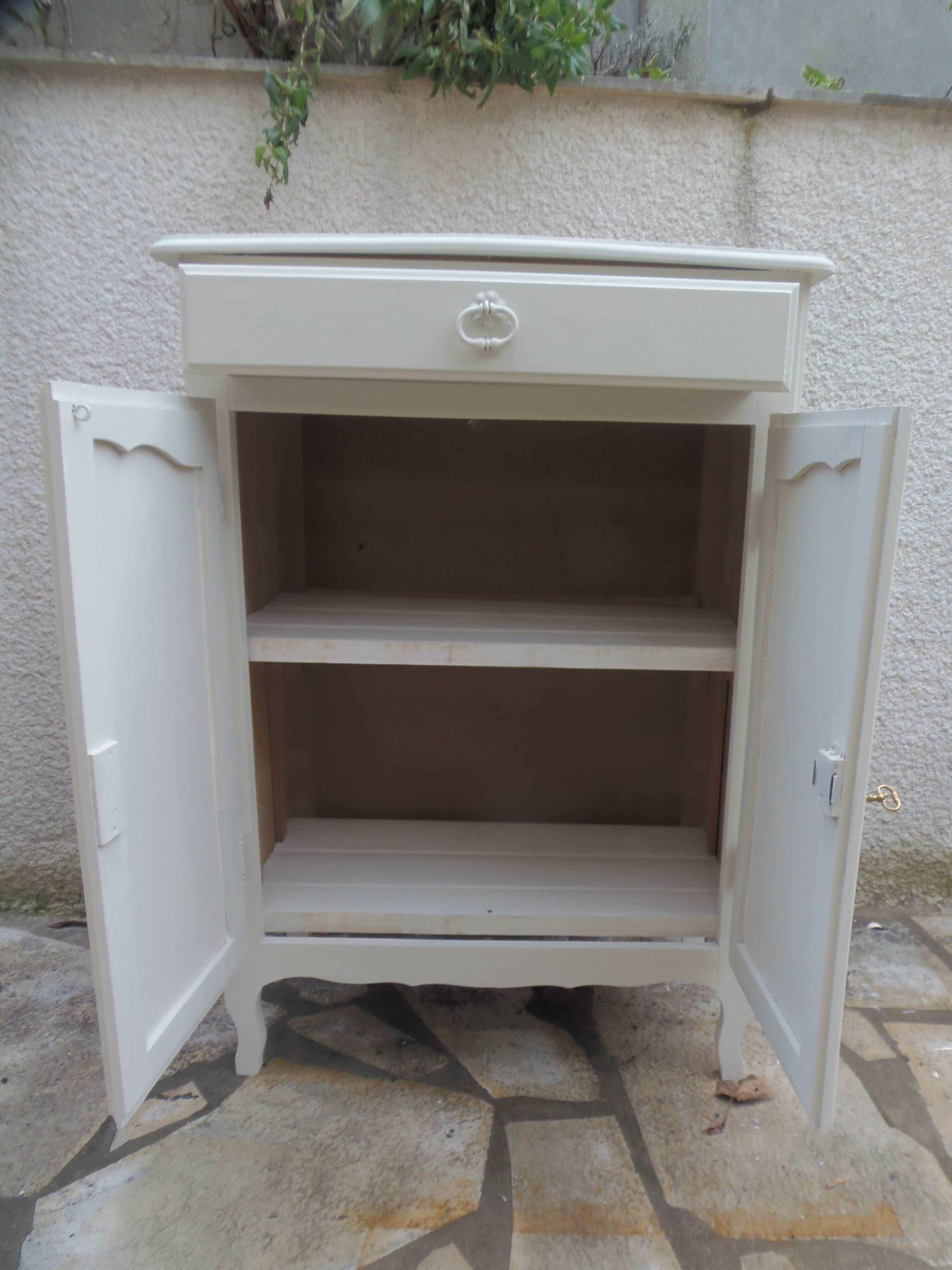 Small vintage buffet reimagined in pearl grey, wooden top.
