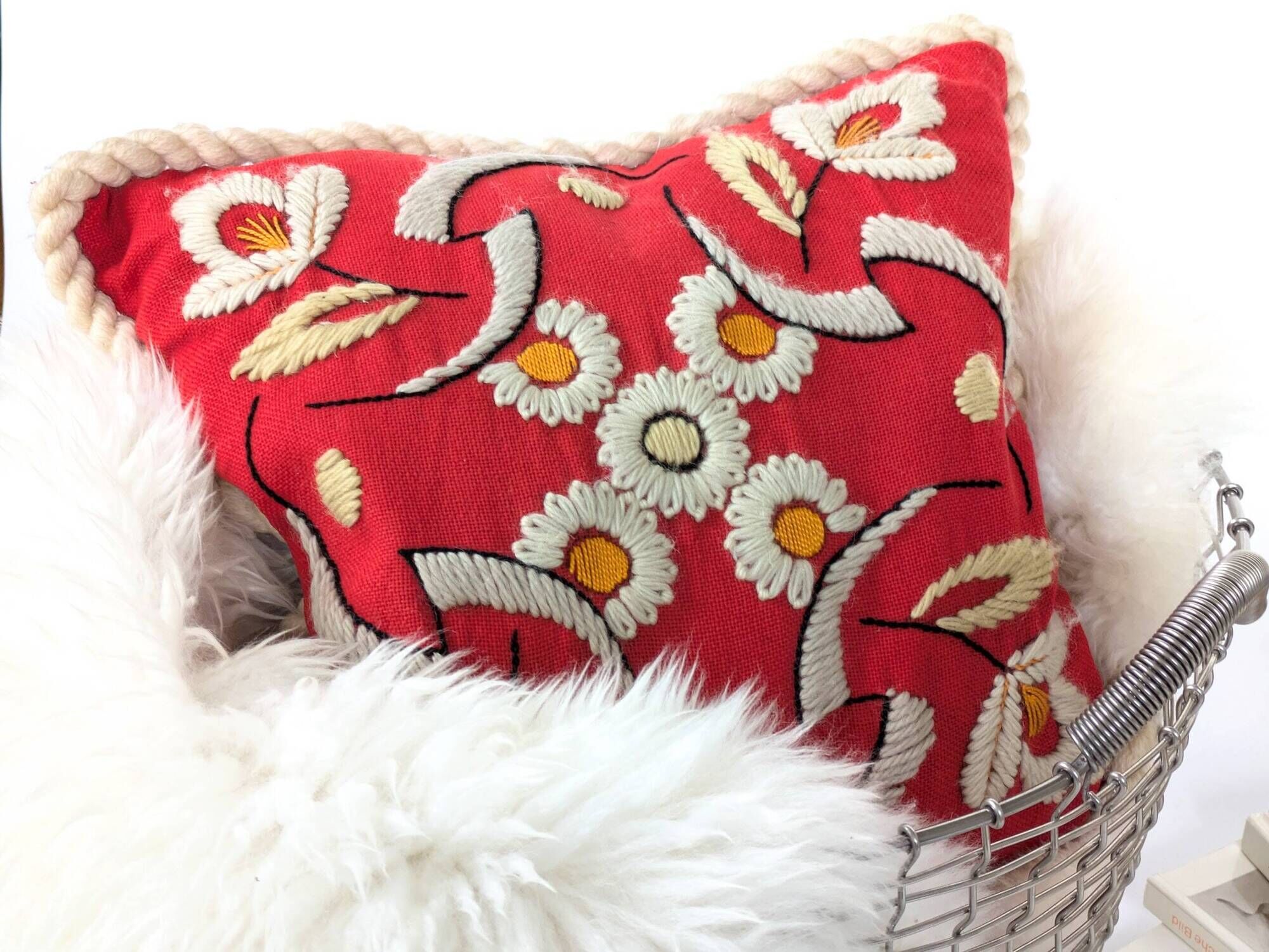 Floral decorative cushion | Wool embroidery | 70s