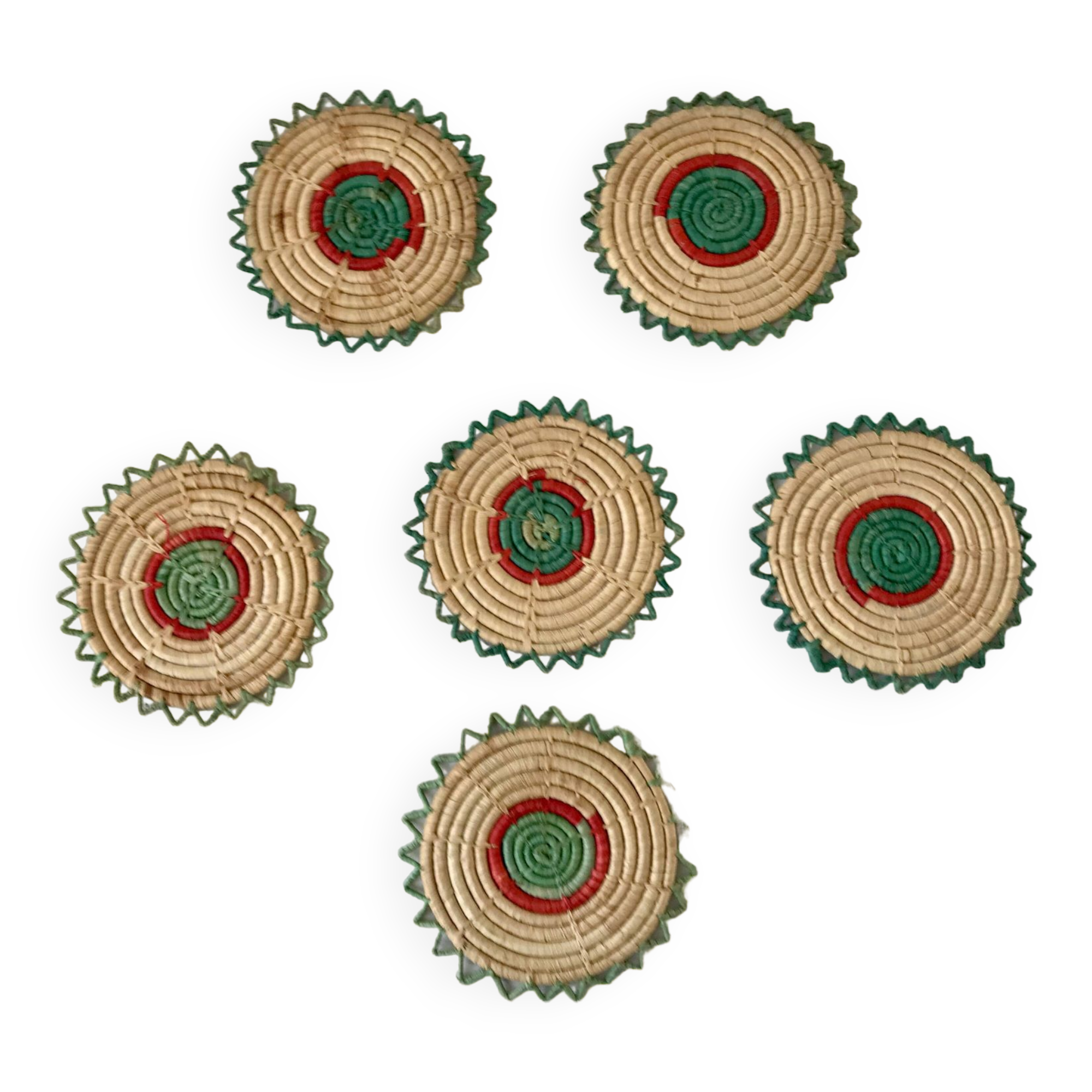 Ensemble de 6 dessous de verres en rotin verts années 70
