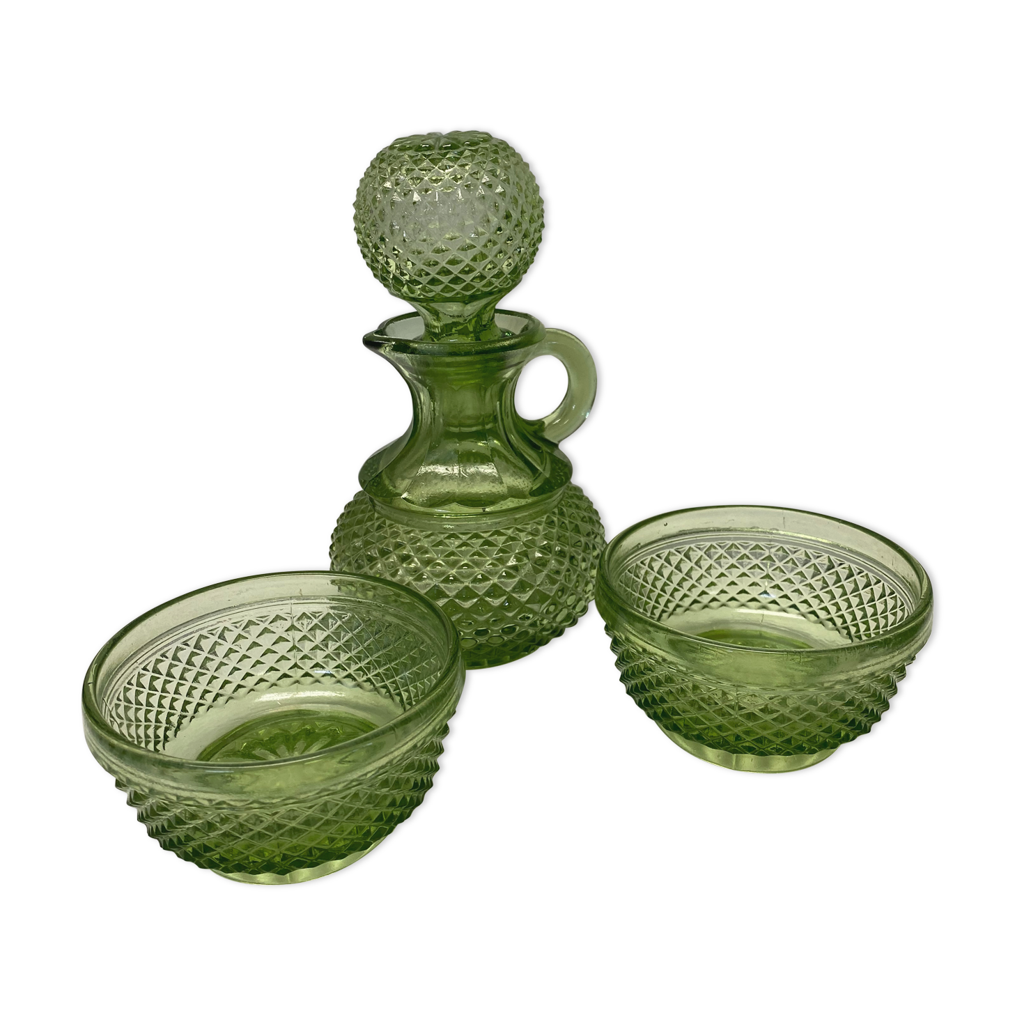Green glass ramekin pitcher set