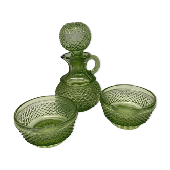 Green glass ramekin pitcher set