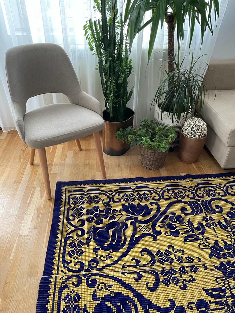 Romanian floral rug handwoven in wool, purple and yellow background
