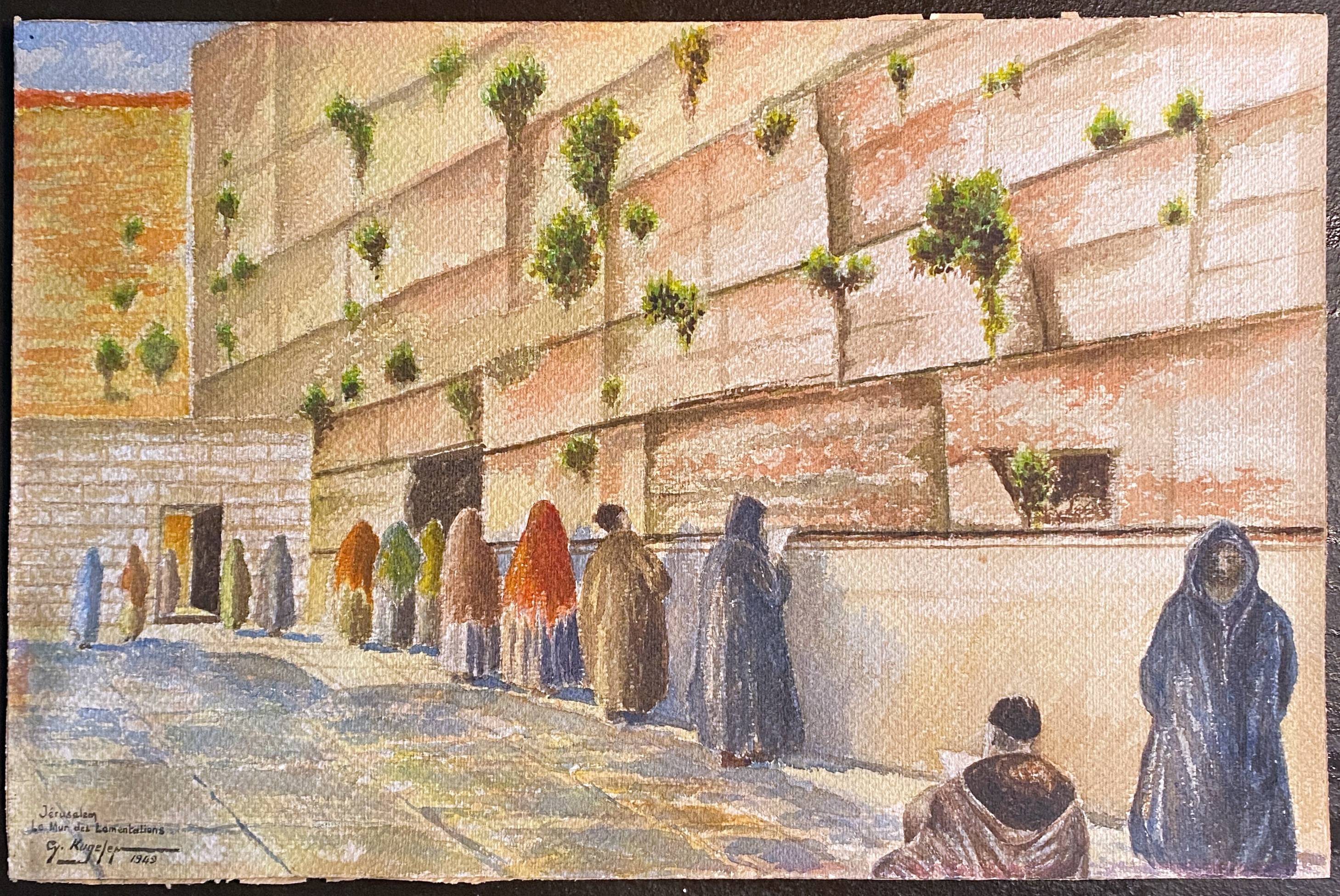Original watercolor painting 1949 "Wailing Wall - Jerusalem" G. KUGELEM