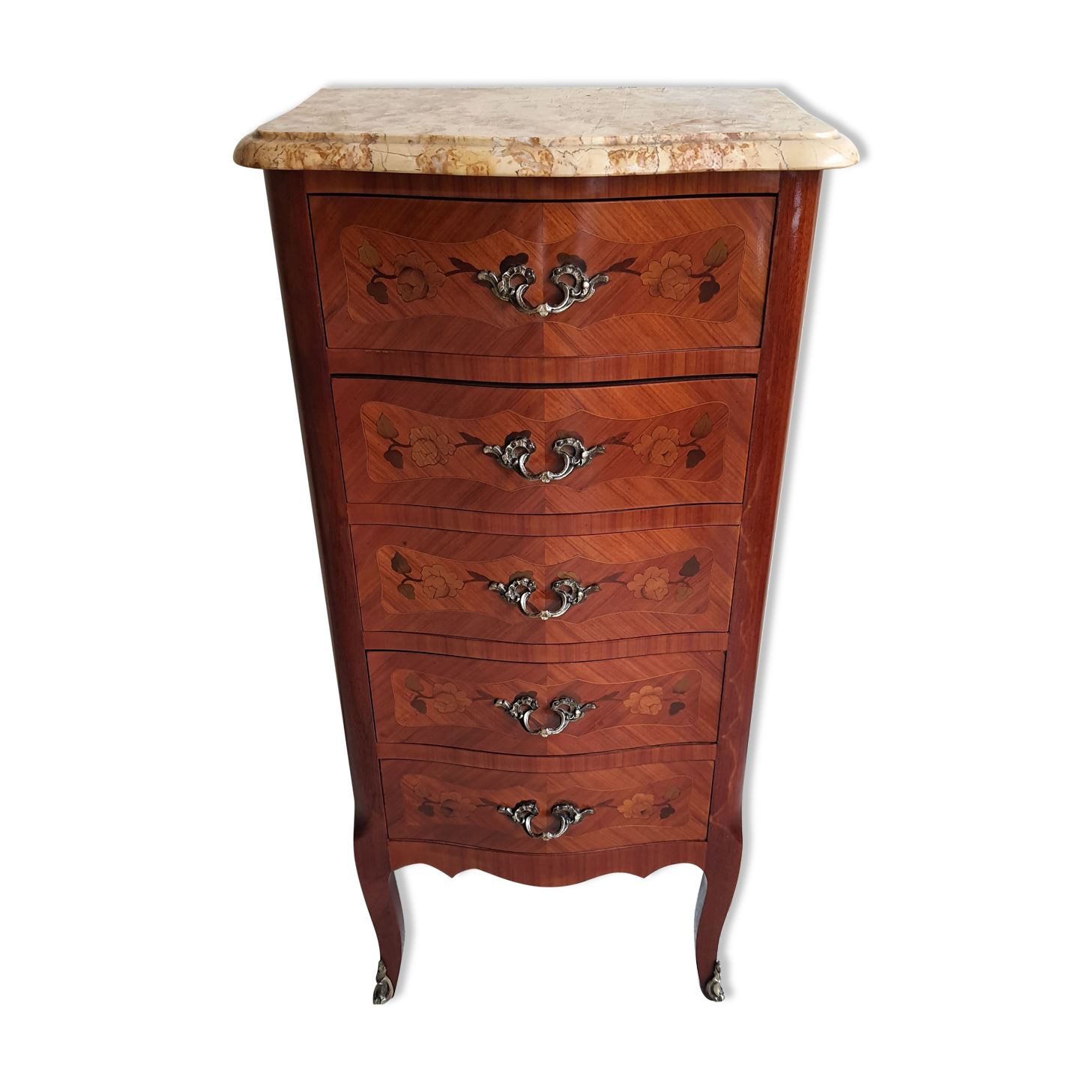 Chiffonnier Louis XV marquetry and marble