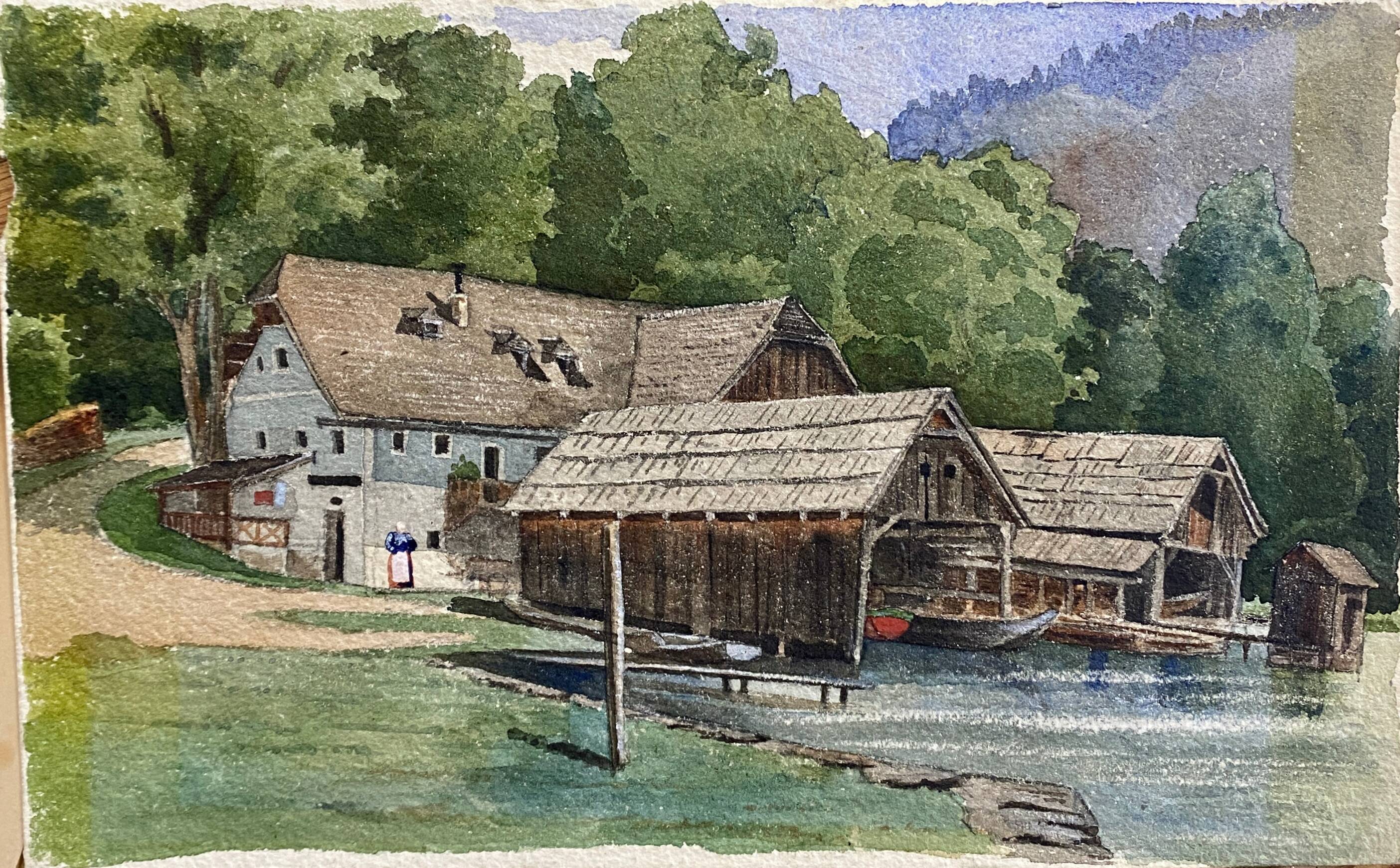 Watercolor paintings Austria Furberg and Unterach and frame circa 1950