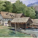 Paire d'aquarelles, Autriche Furberg et Unterach avec cadre vers 1950