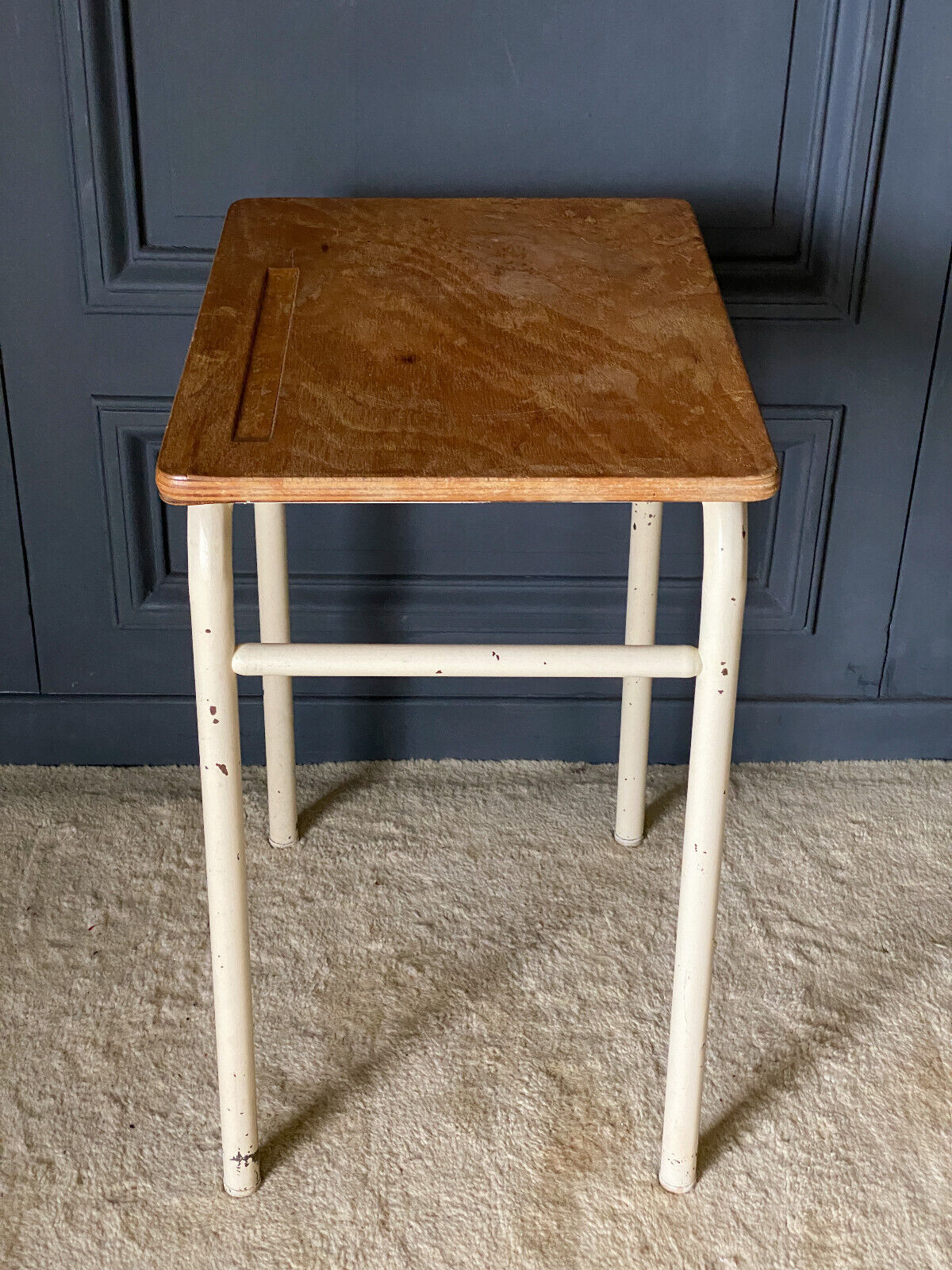 School desk 1960 white lacquered metal wooden top