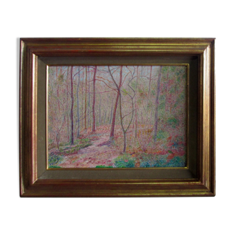Peinture vintage huile sur toile - paysage par Lou Bertin