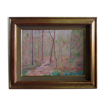Peinture vintage huile sur toile - paysage par Lou Bertin
