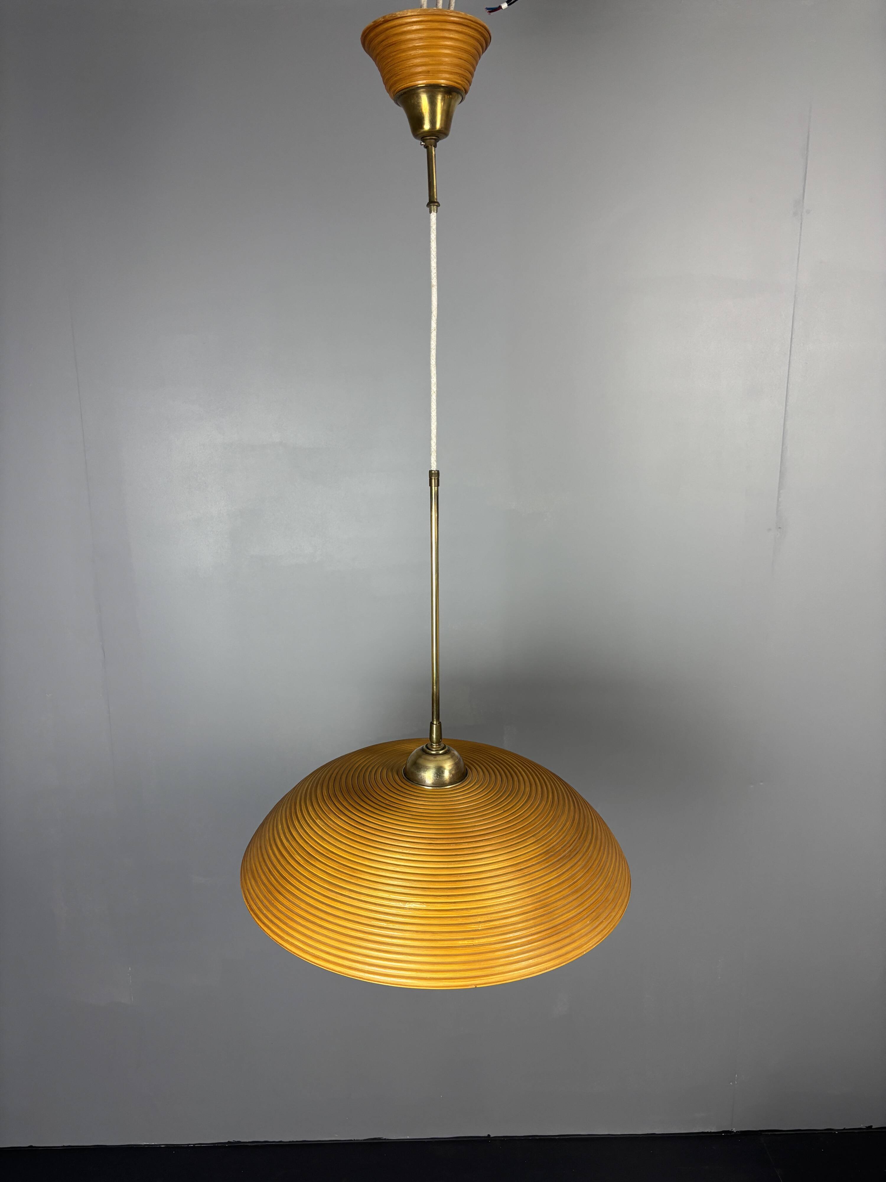 Set of 3 midcentury rattan bamboo pencil reed hanging pendants, Italy 1970s