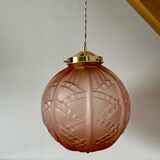 Vintage art deco globe pendant light in pink frosted glass