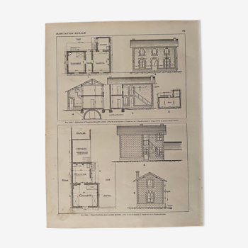 Lithographie plan habitation rurale de 1921