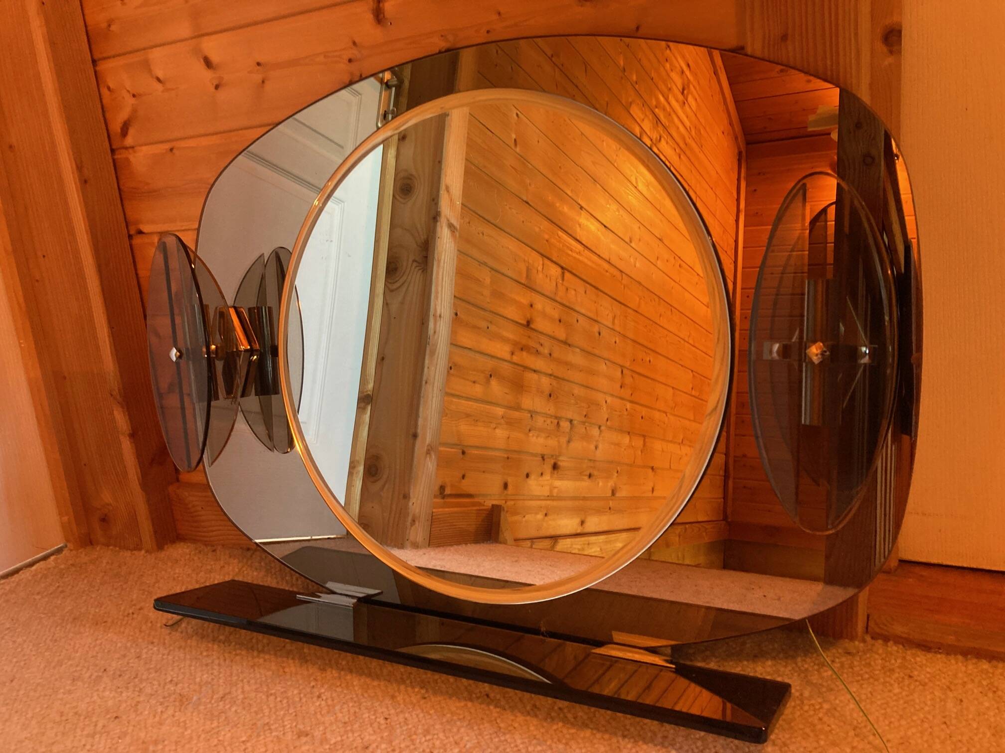 Brown smoked glass wall mirror - sconces & shelf - Italian design 1