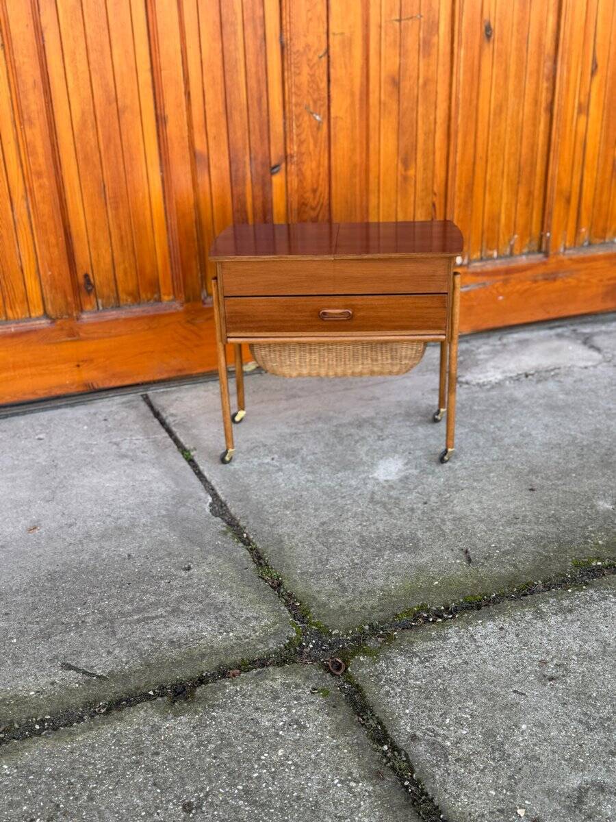 Danish storage cart in brown teak and wicker, 1960s, Mid-Century style.