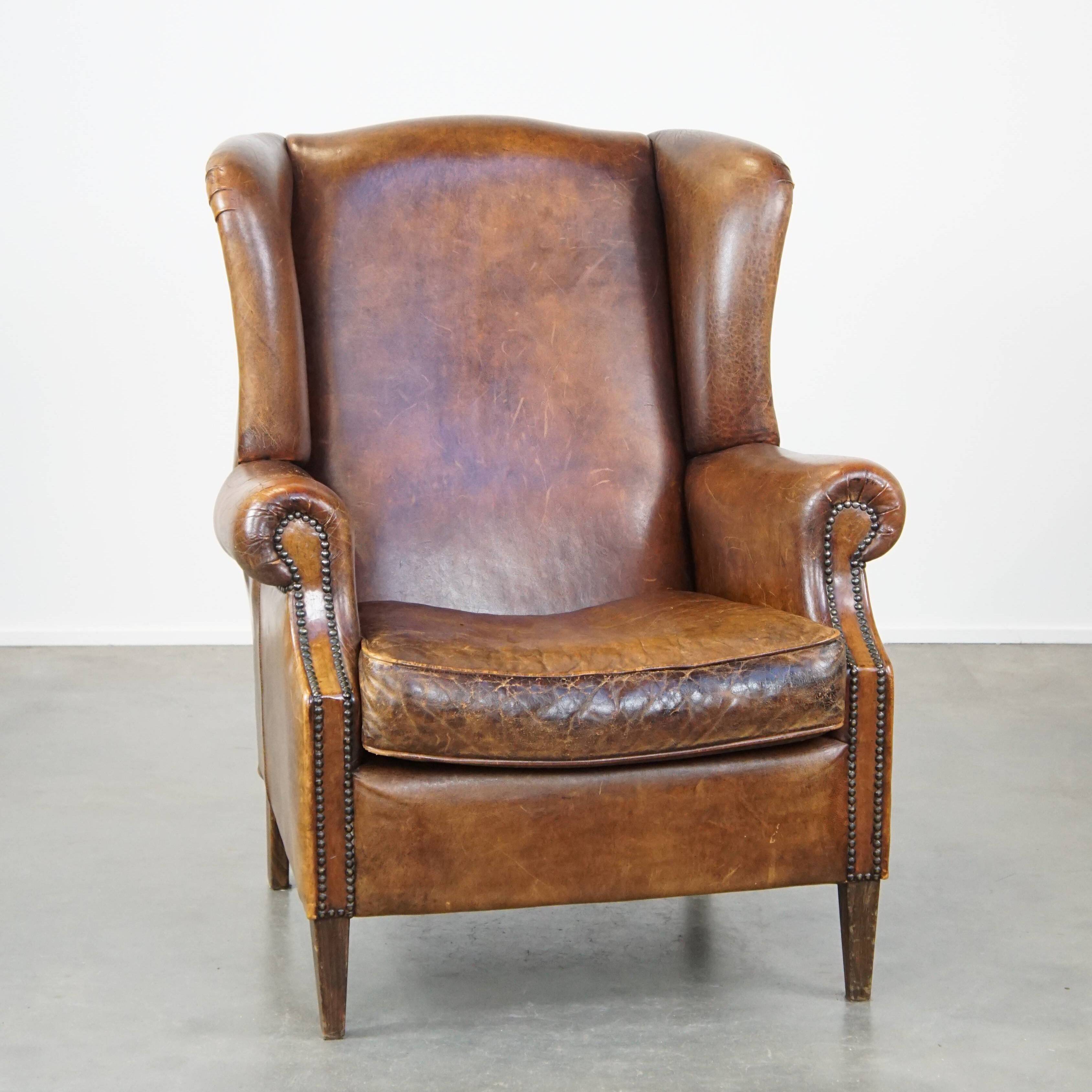 Large Vintage English-Style Sheepskin Leather Wingback Armchair