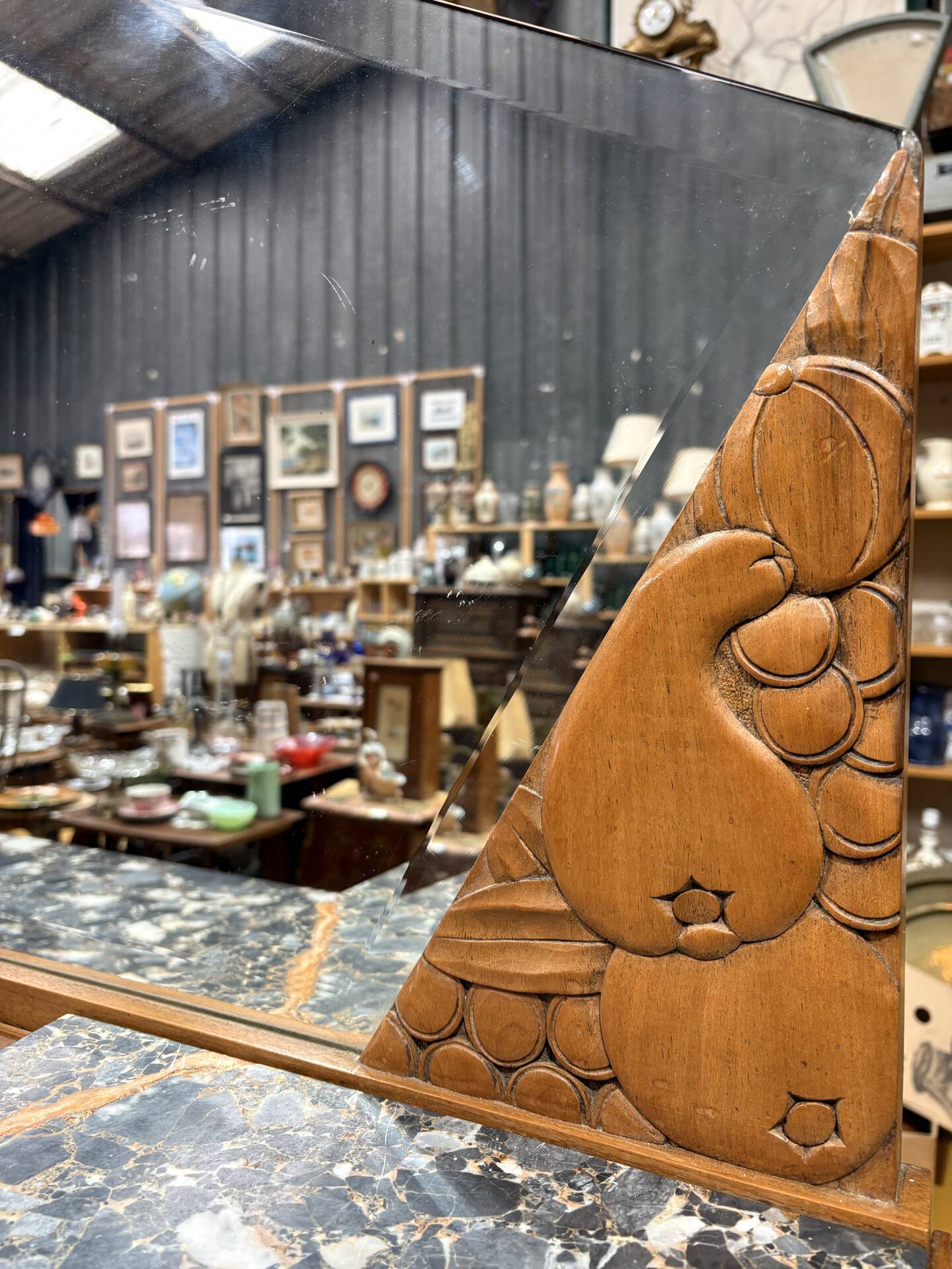 Art Deco buffet in carved walnut, marble and large mirror – 1930s