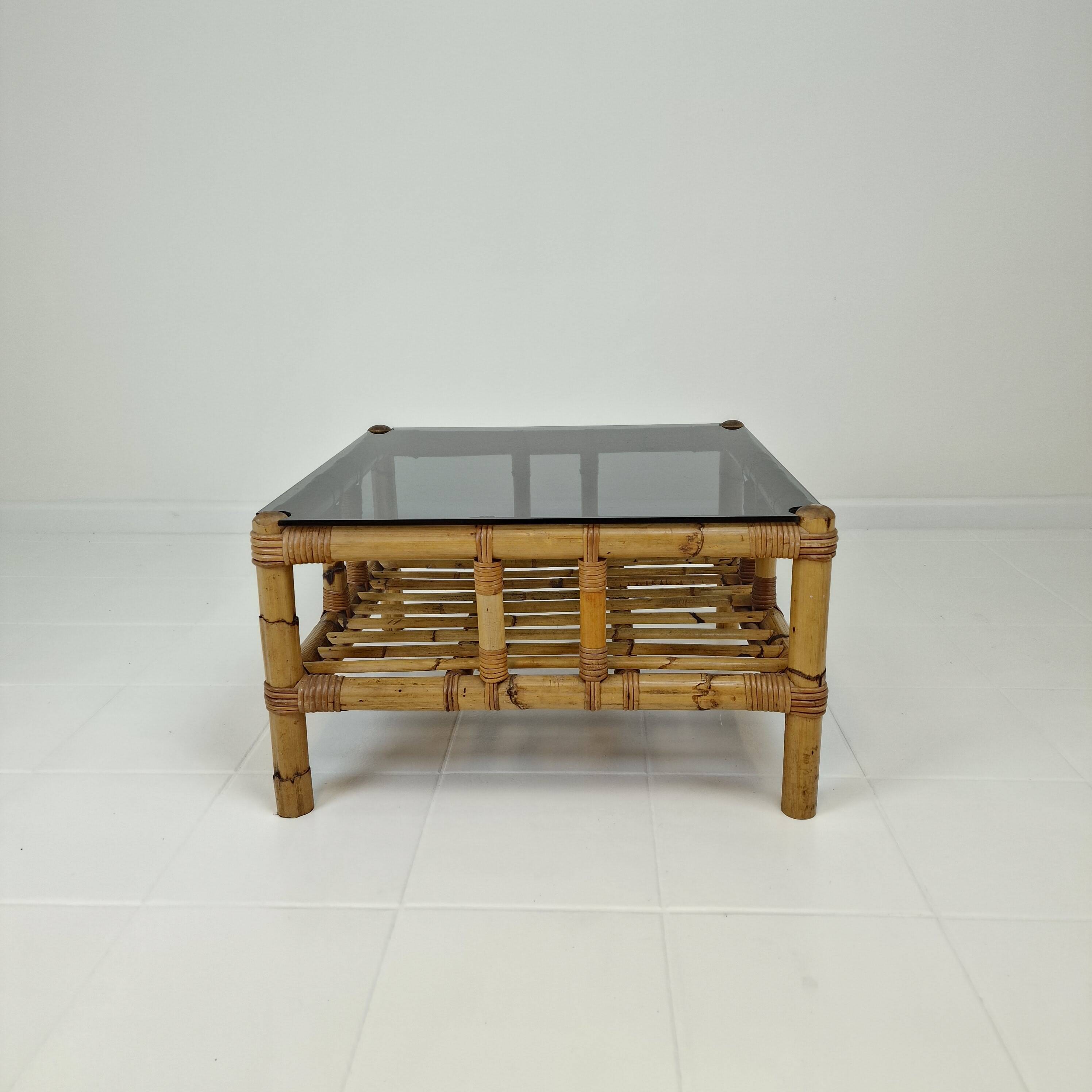 Italian bamboo coffee table with smoked glass, 1970s