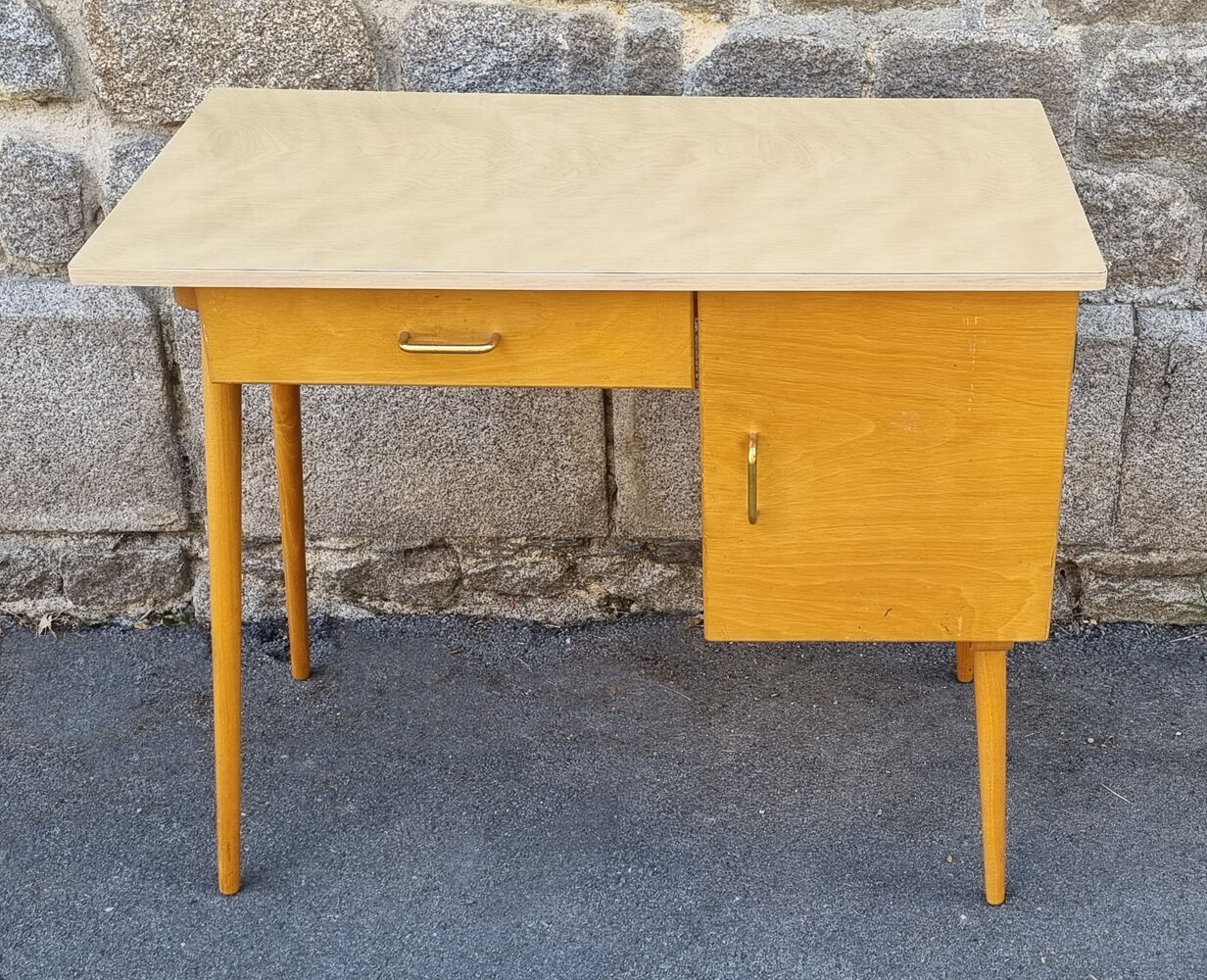 Wood and formica desk, compass feet, vintage, 70s
