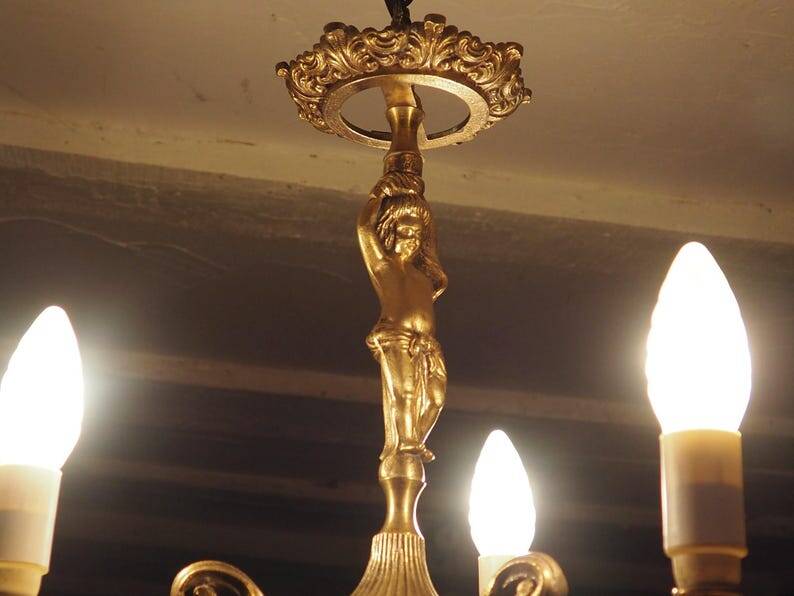 Vintage Italian bronze brass three-branch female figurine chandelier c. 1950s