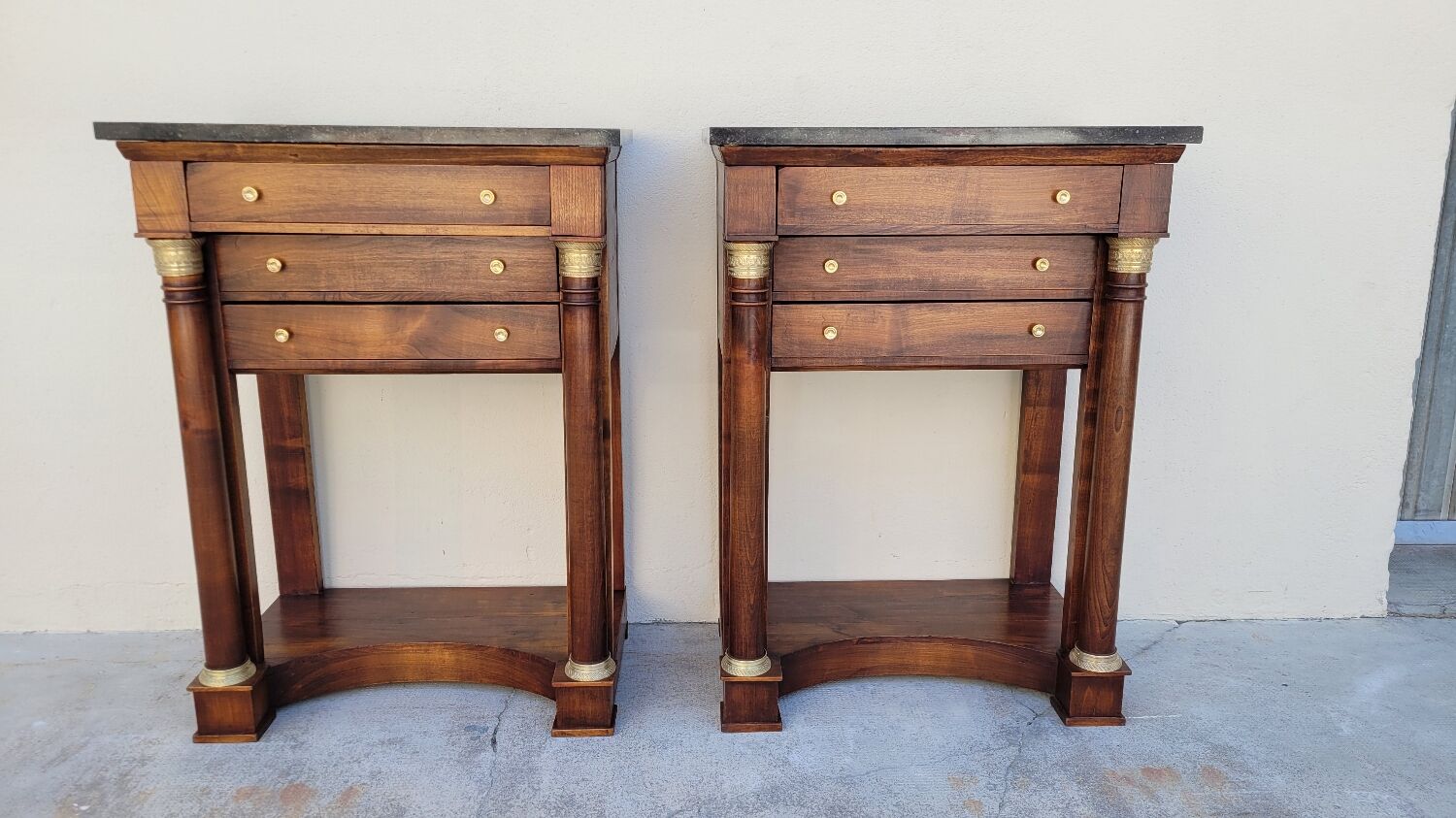 Pair of empire consoles in mahogany and 19th century marble