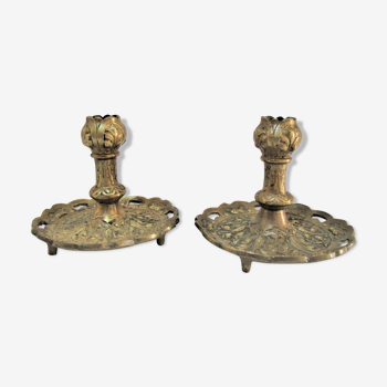 Pair of candle holders gilded bronze patinated vegetal decoration early twentieth century