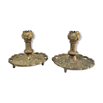 Pair of candle holders gilded bronze patinated vegetal decoration early twentieth century