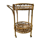 Round bamboo bar cart in the style of Franco Albini, vintage 1960s French Riviera.