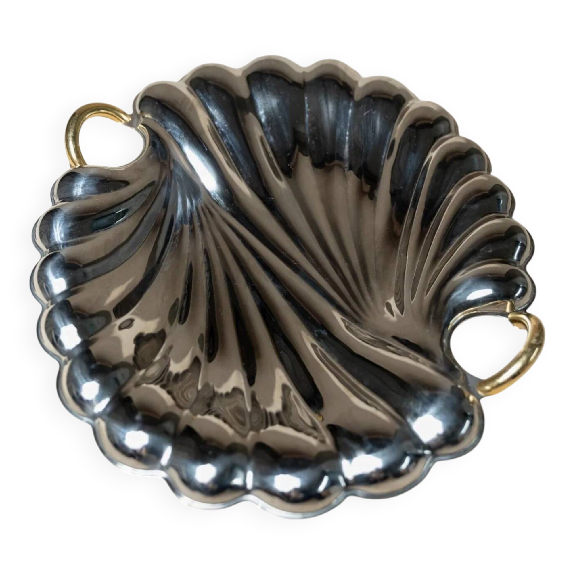 Plateau vintage en acier inoxydable - forme coquillage poli avec détails dorés - Becchetti Design Italie années 1980 - idée cadeau élégante, décoration de table