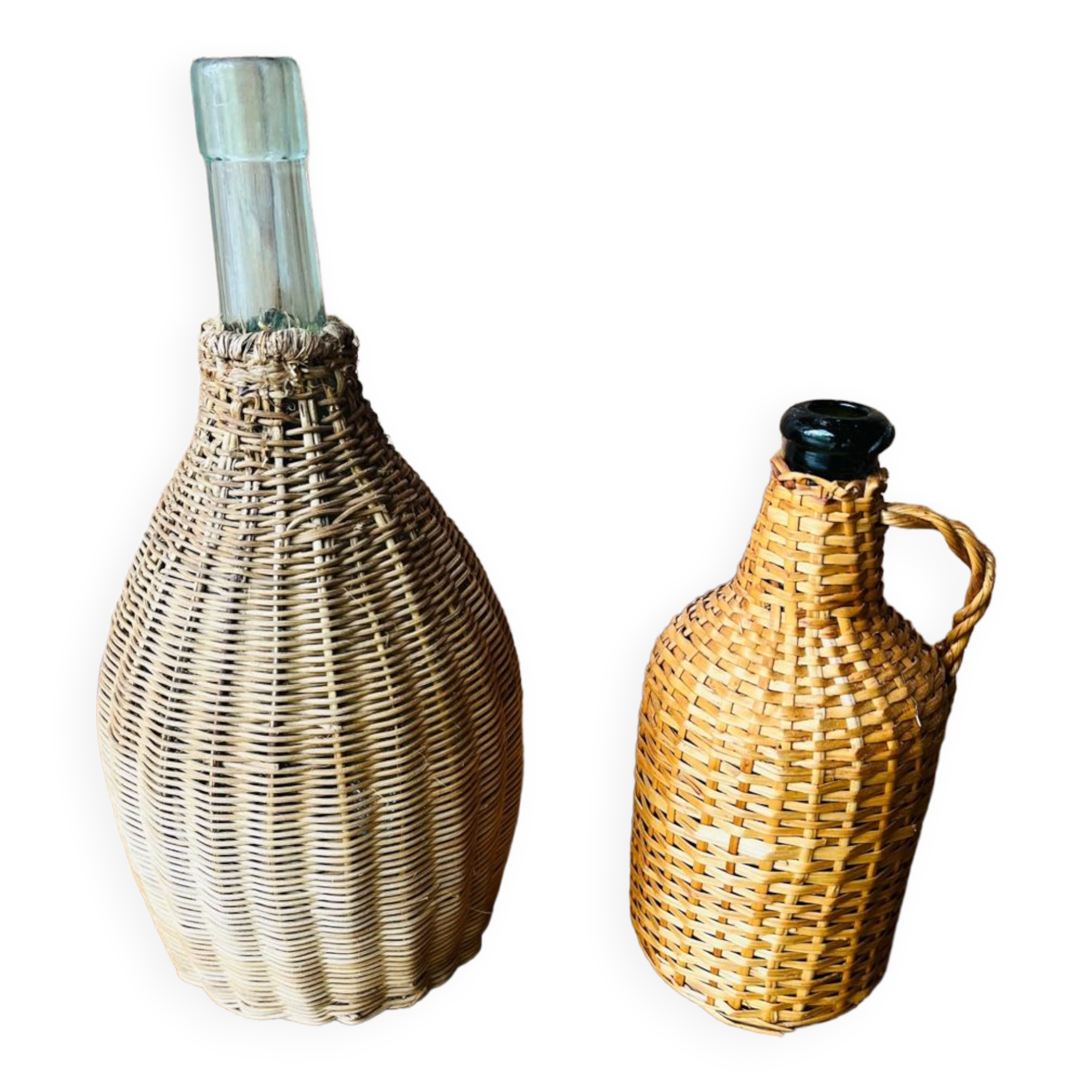 Vintage braided rattan bottle duo