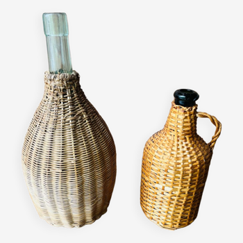 Vintage braided rattan bottle duo