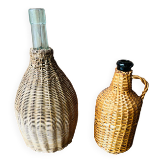 Vintage braided rattan bottle duo