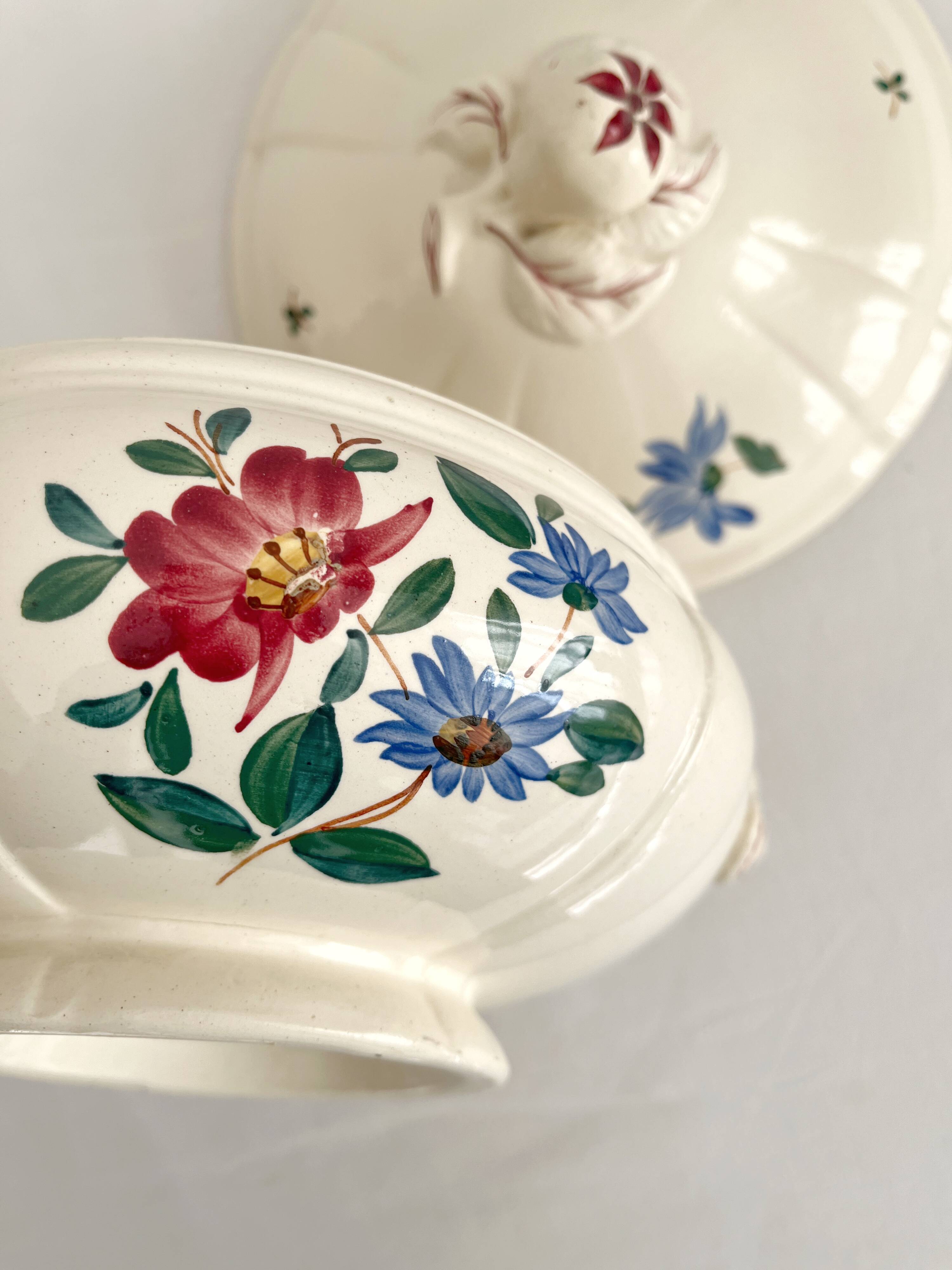 Small vintage ivory earthenware tureen with flowers, Digoin Sarreguemines
