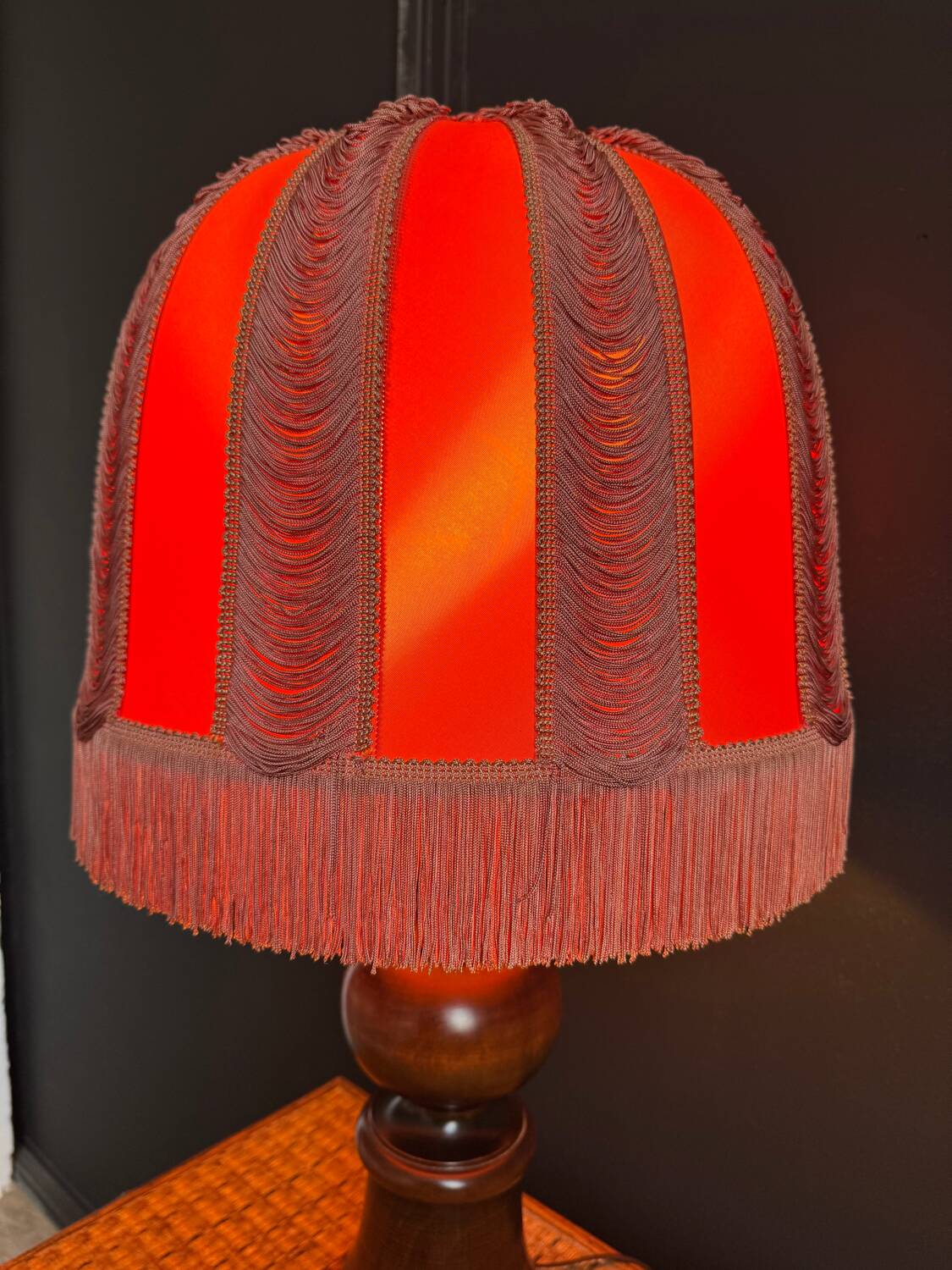 Large 1960s bell-shaped lamp with fringed shade