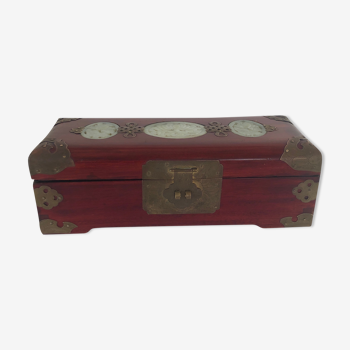 Chinese jewelry box in brass and Jade Mahogany wood