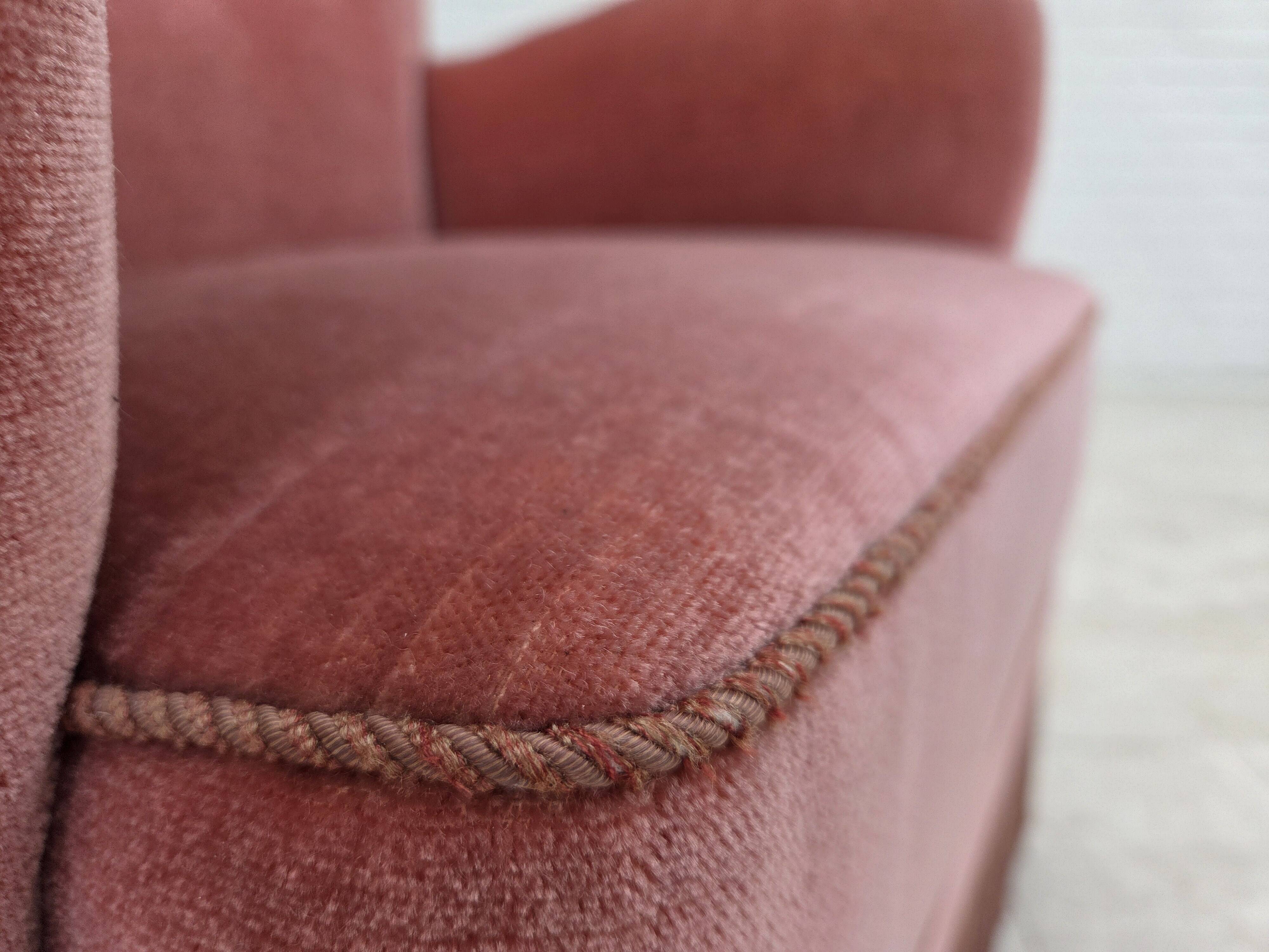 1970s, Danish armchair, salmon pink furniture velour, oak wood legs.