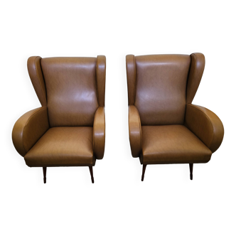 Belle paire de fauteuils vintage 1960-70 en skaï marron très confortables