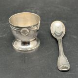 Duo of egg cup and its small white metal spoon (silverware) Ercuis