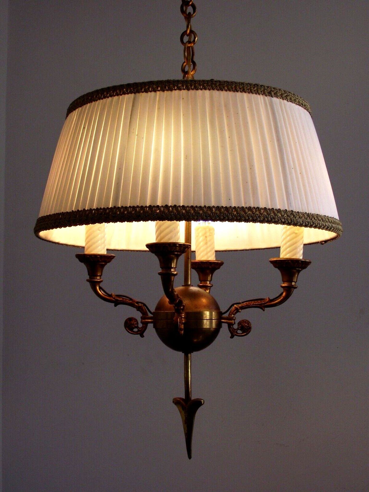 French antique empire style 4 light chandelier pleated cream fabric shade 4311