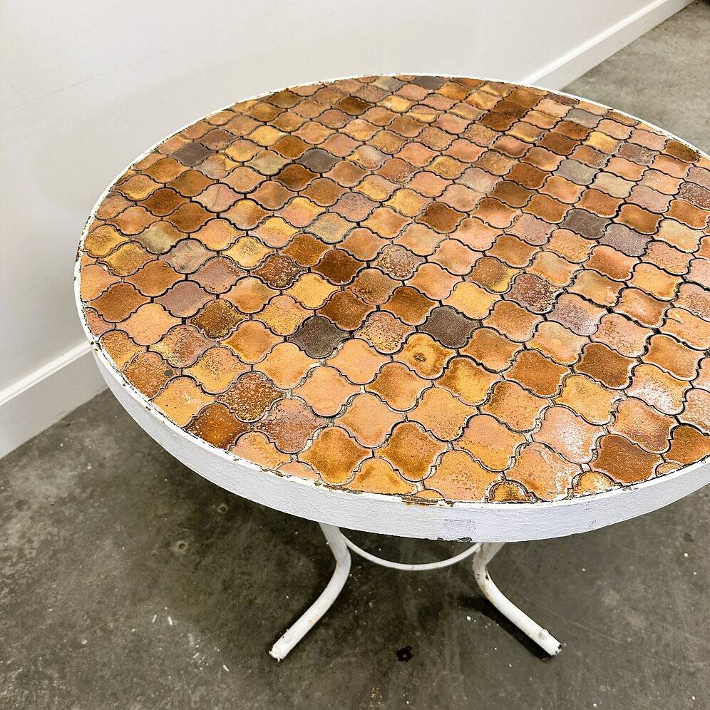 Vintage round French garden table with French "Tomettes" tiled top, 1960s