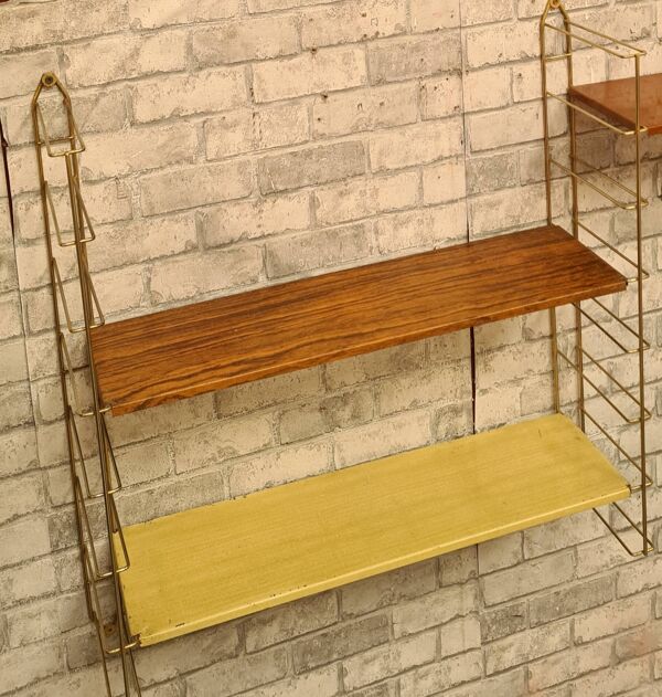 etagere 1960 acier faux bois et chrome or 4 montants  184 cmx66x59x16 trace