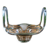 Thick glass centrepiece with raised handles in vintage design.