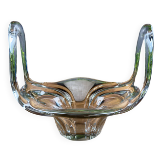 Thick glass centrepiece with raised handles in vintage design.