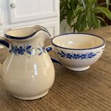 Handcrafted ceramic pitcher and bowl signed – blue decor – vintage tableware