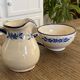 Handcrafted ceramic pitcher and bowl signed – blue decor – vintage tableware