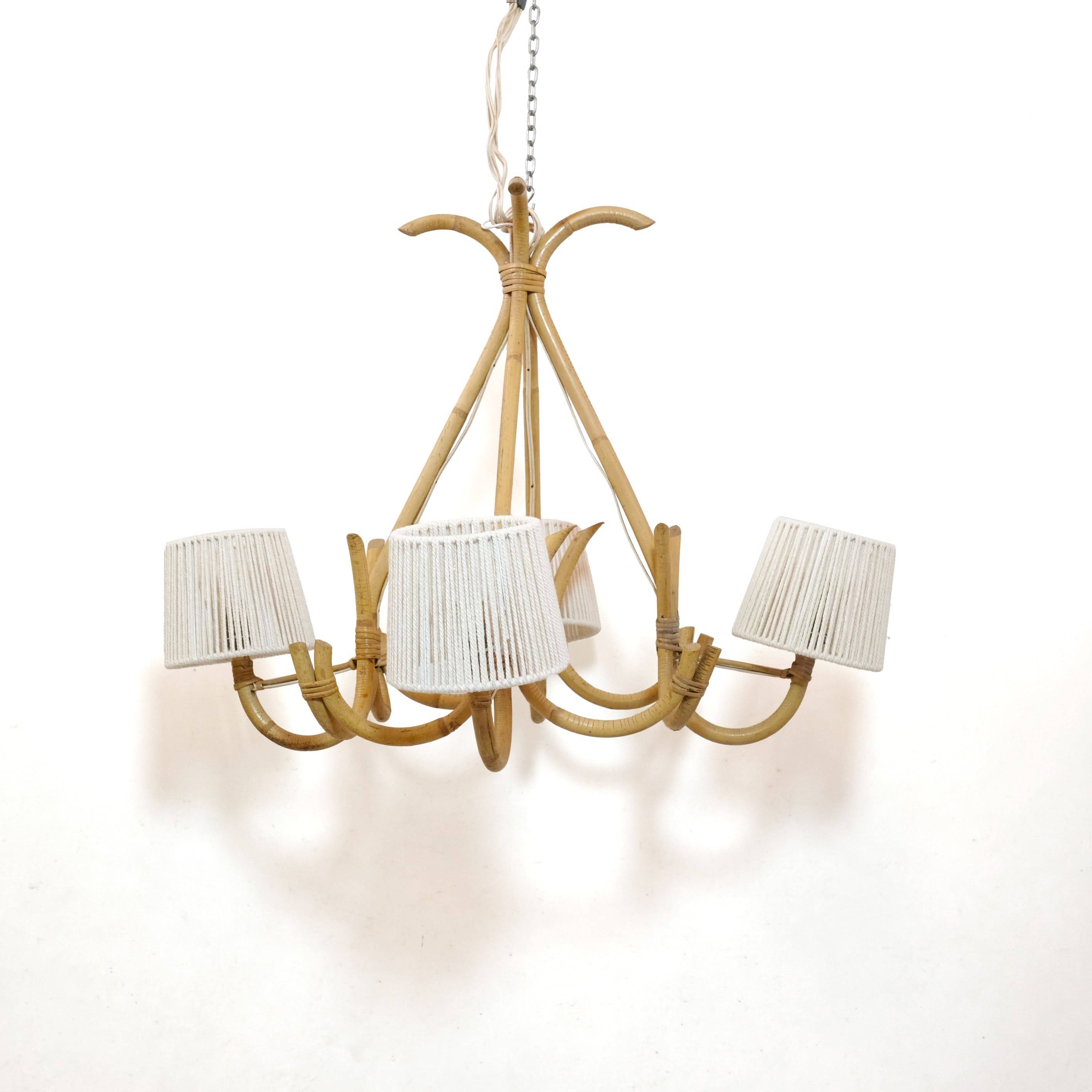 4-light rattan and rope pendant light, 1960-1970.