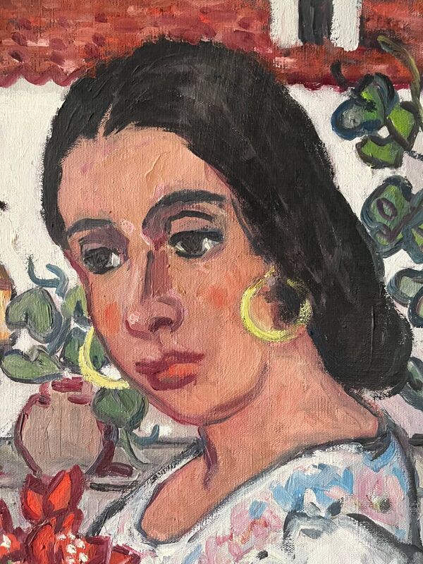 Espagnole au bouquet rouge, signée 1978