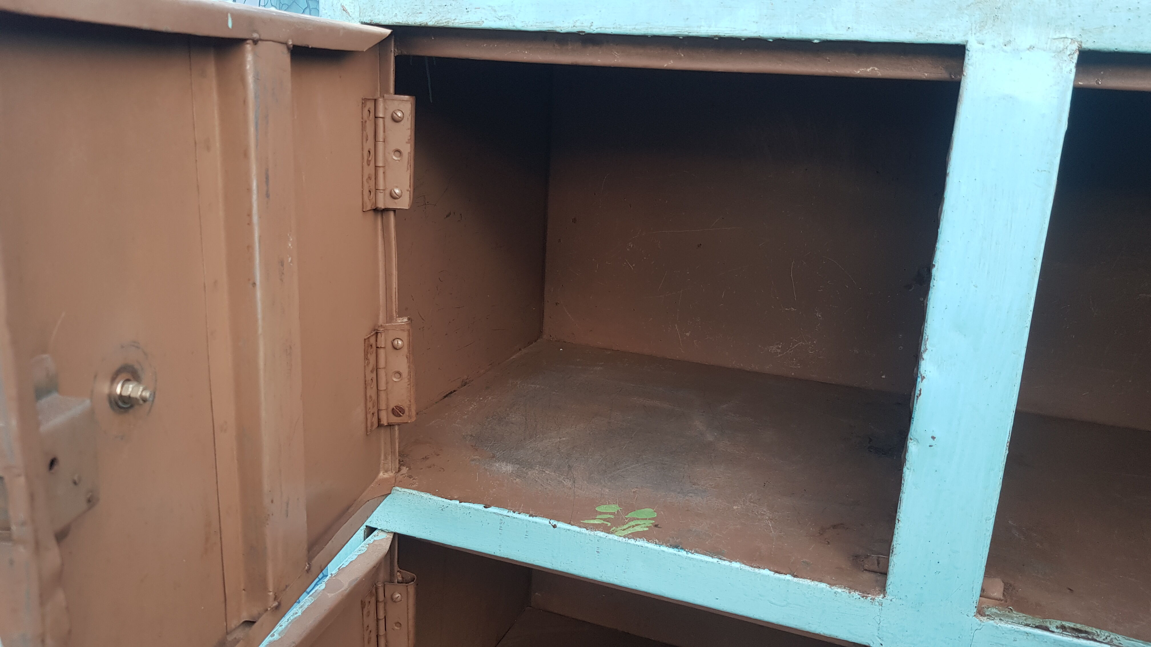 Old metal workshop furniture original turquoise patina
