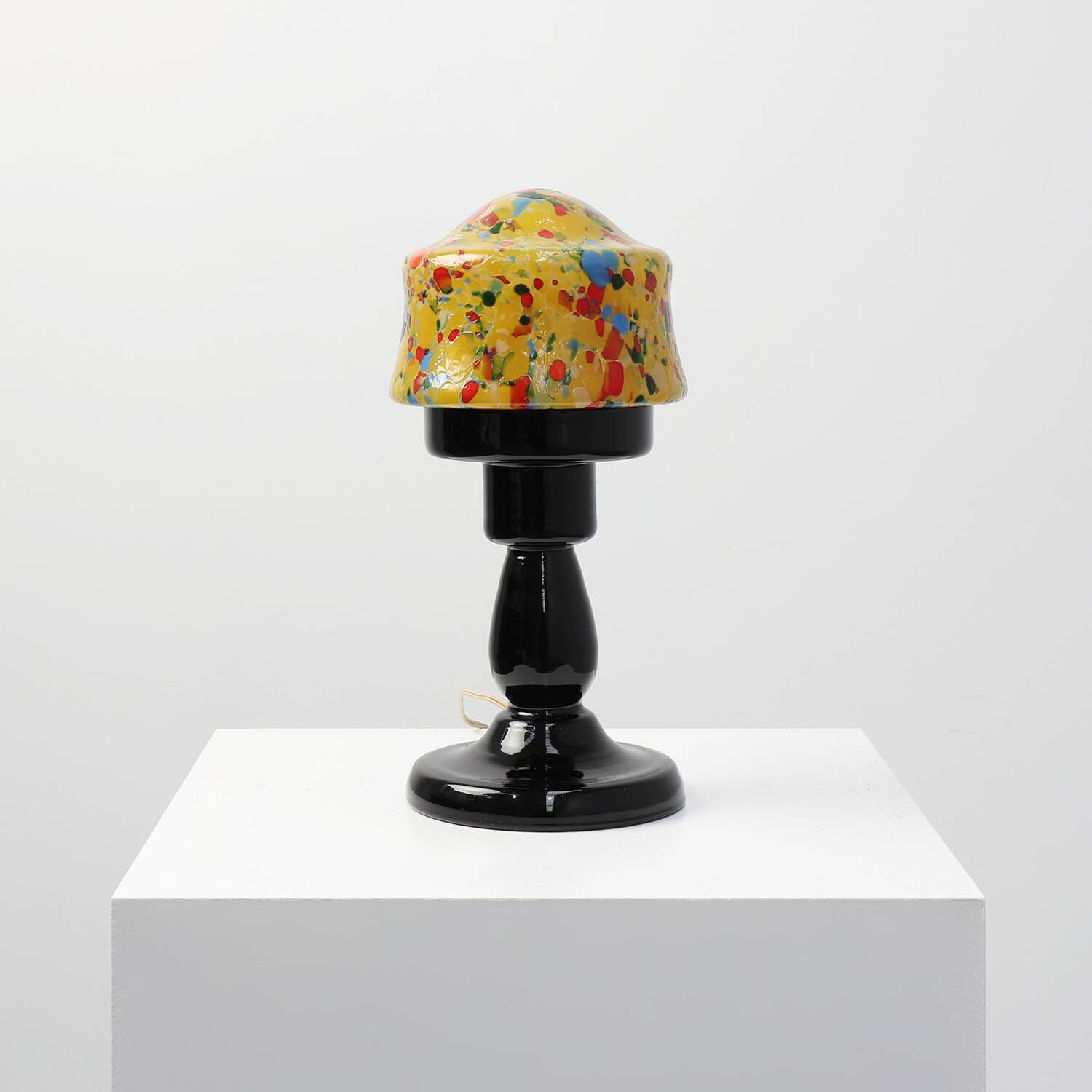 French Art Deco Table Lamp with Multicolored Spatter Glass Shade and Black