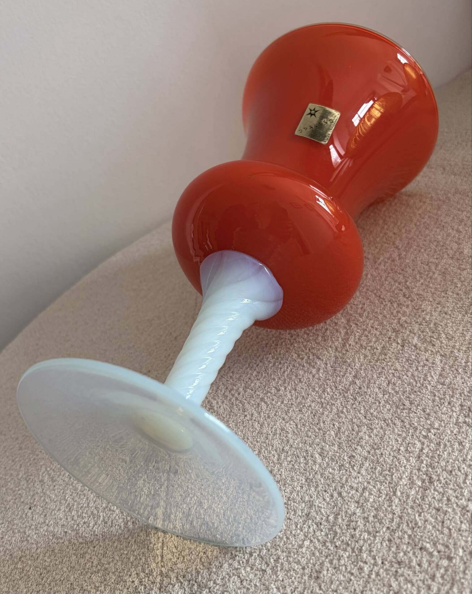 Mid-century modern Italian art glass chalice vase – Orange coated and Opa