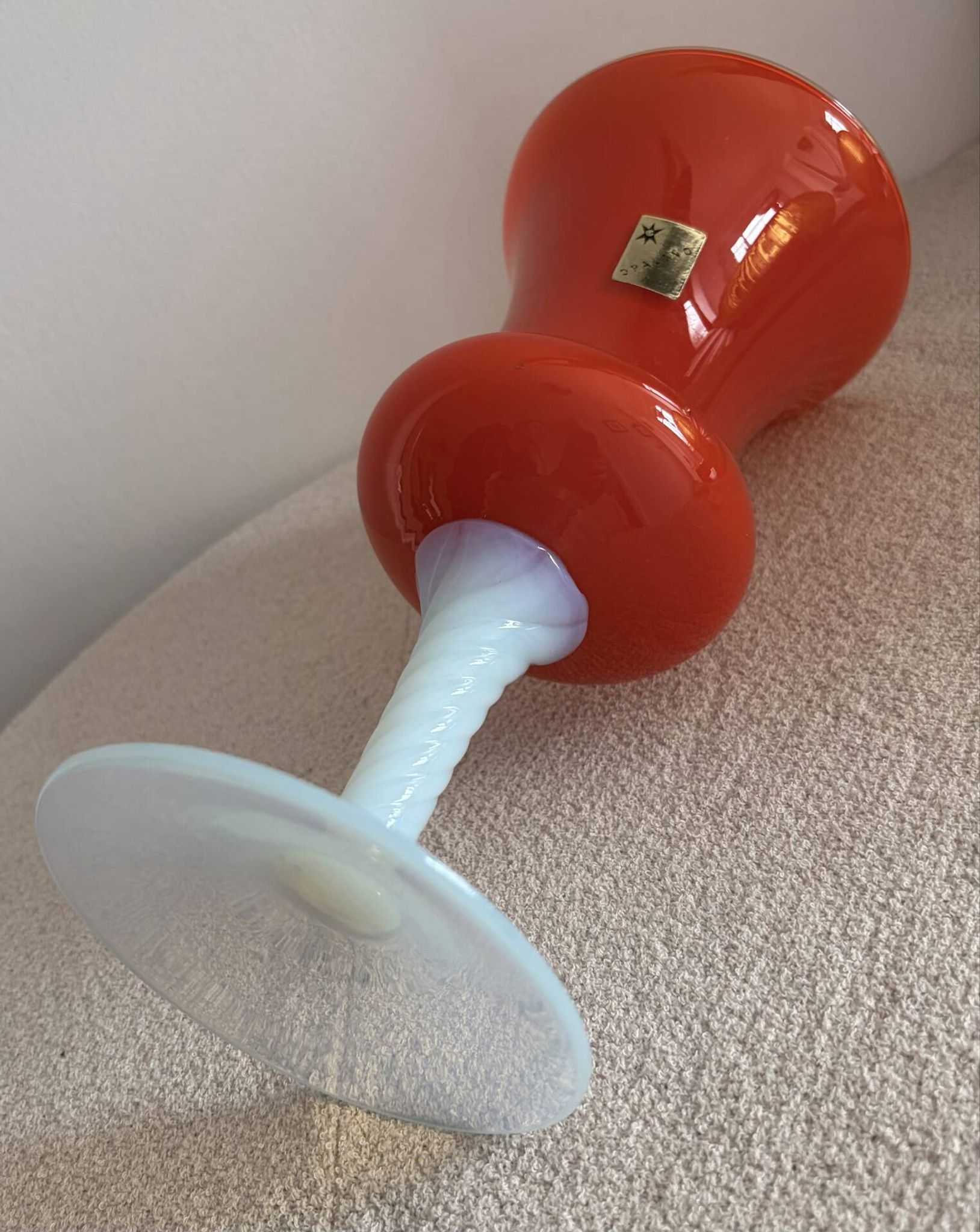 Mid-century modern Italian art glass chalice vase – Orange coated and Opa